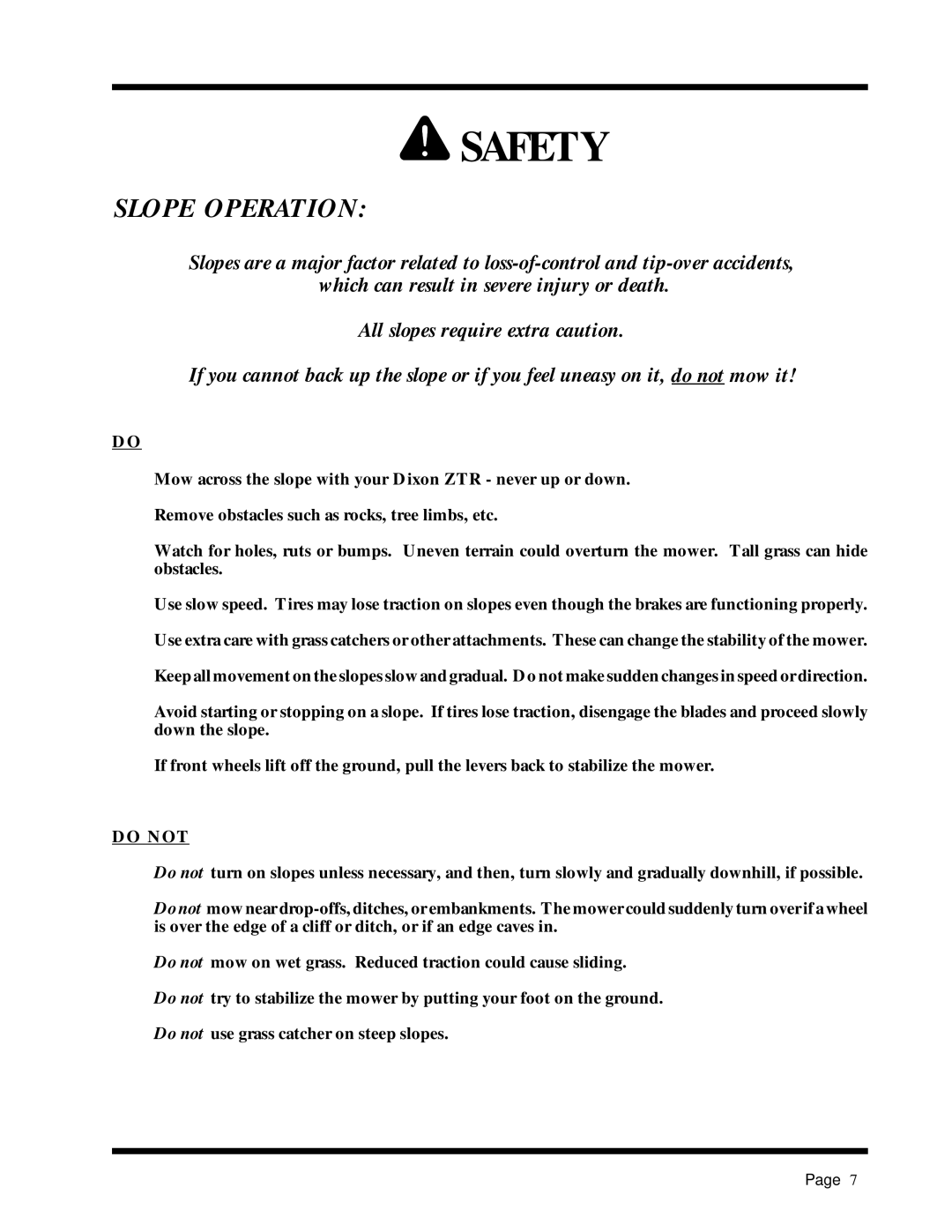 Dixon ZTR 5017Twin manual Slope Operation, Do not 