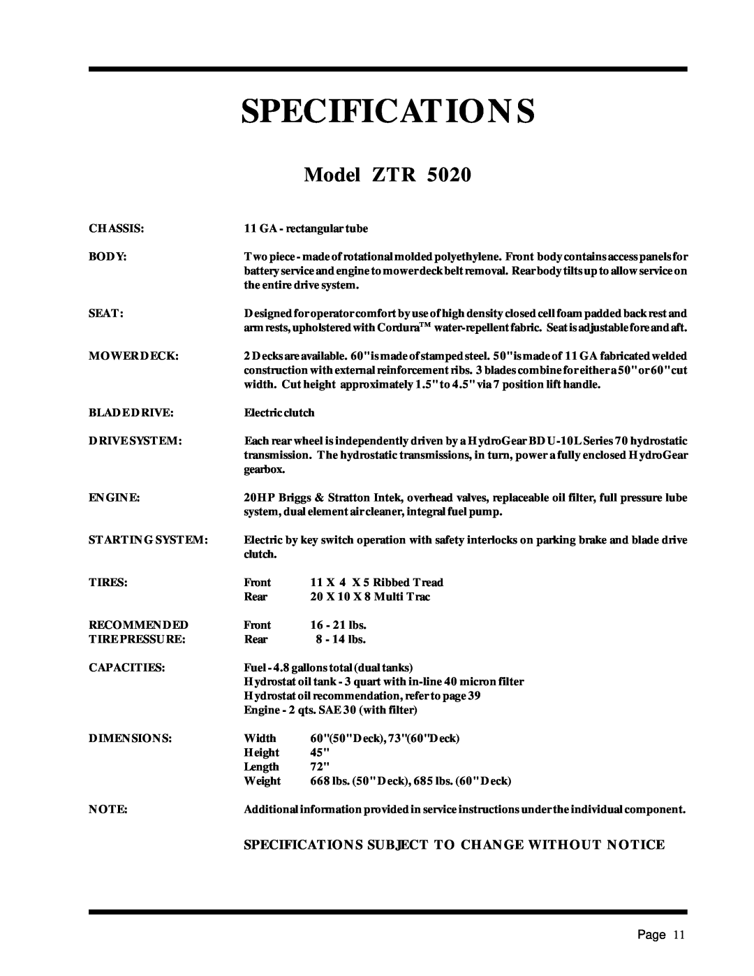 Dixon ZTR 5017Twin manual Specifications, Model ZTR 