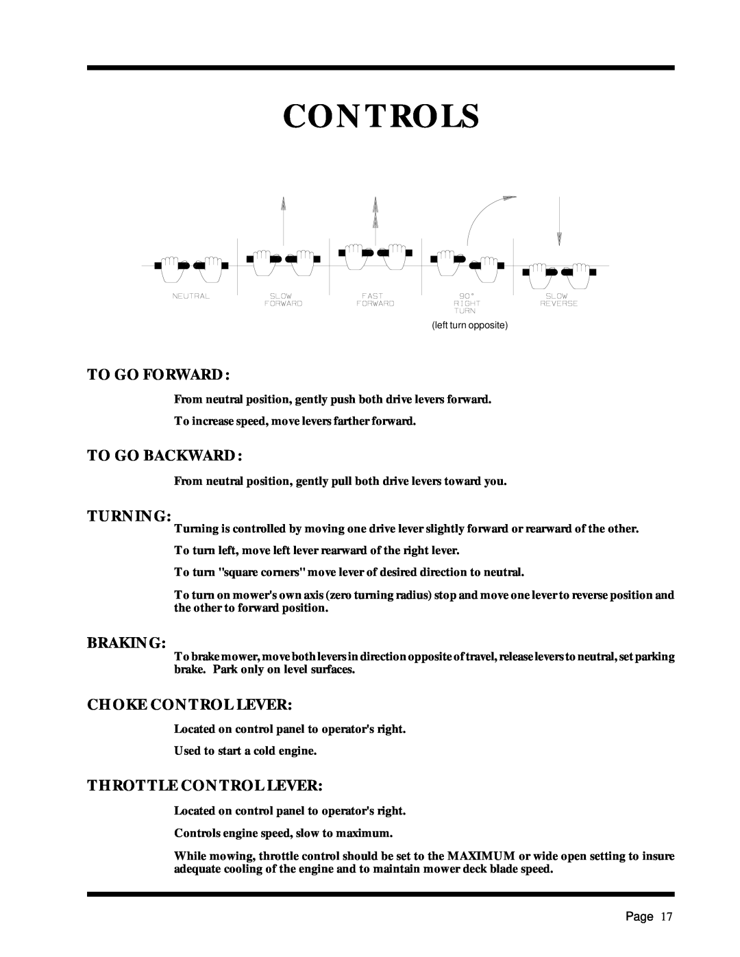 Dixon ZTR 5017Twin Controls, To Go Forward, To Go Backward, Turning, Braking, Choke Control Lever, Throttle Control Lever 