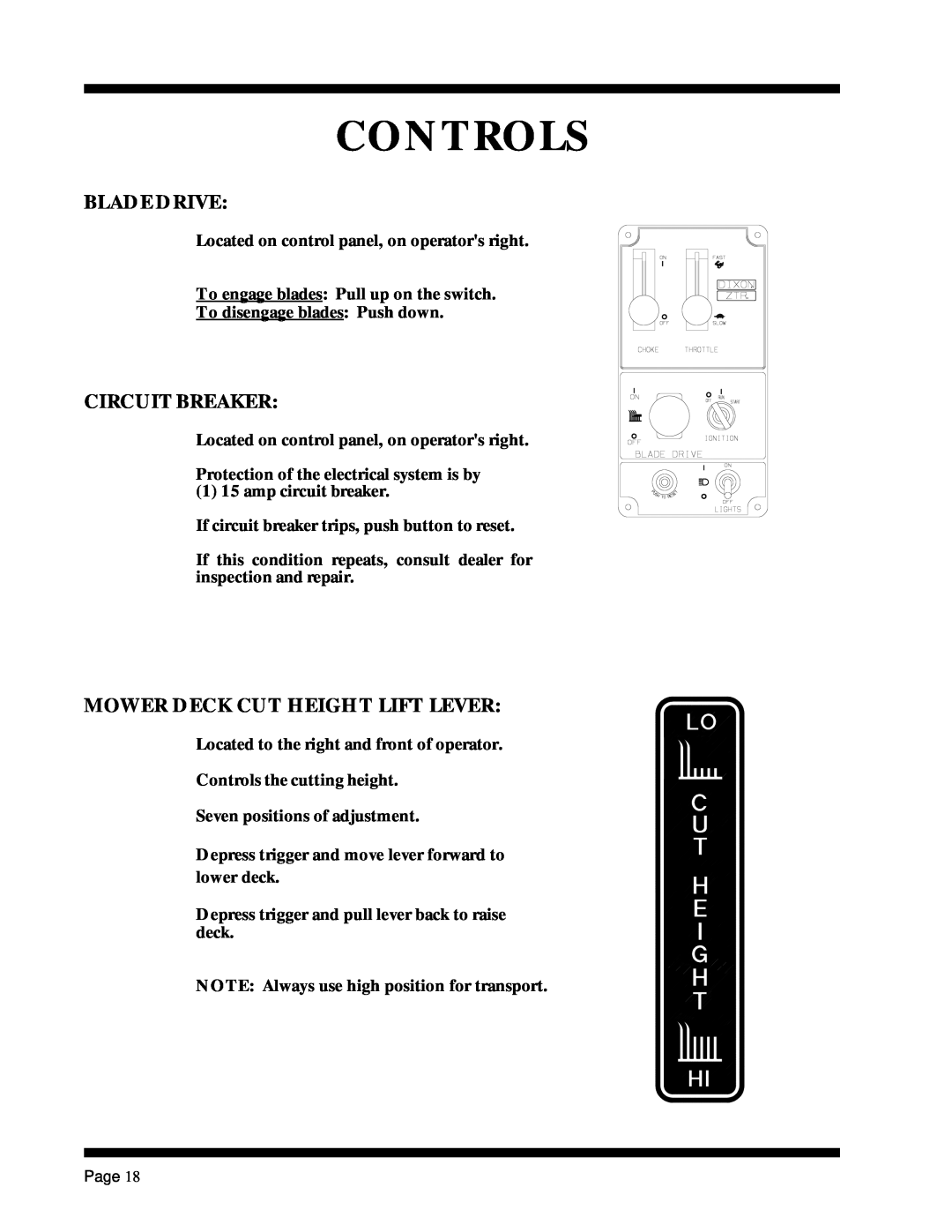 Dixon ZTR 5017Twin manual Controls, Blade Drive, Circuit Breaker, Mower Deck Cut Height Lift Lever 