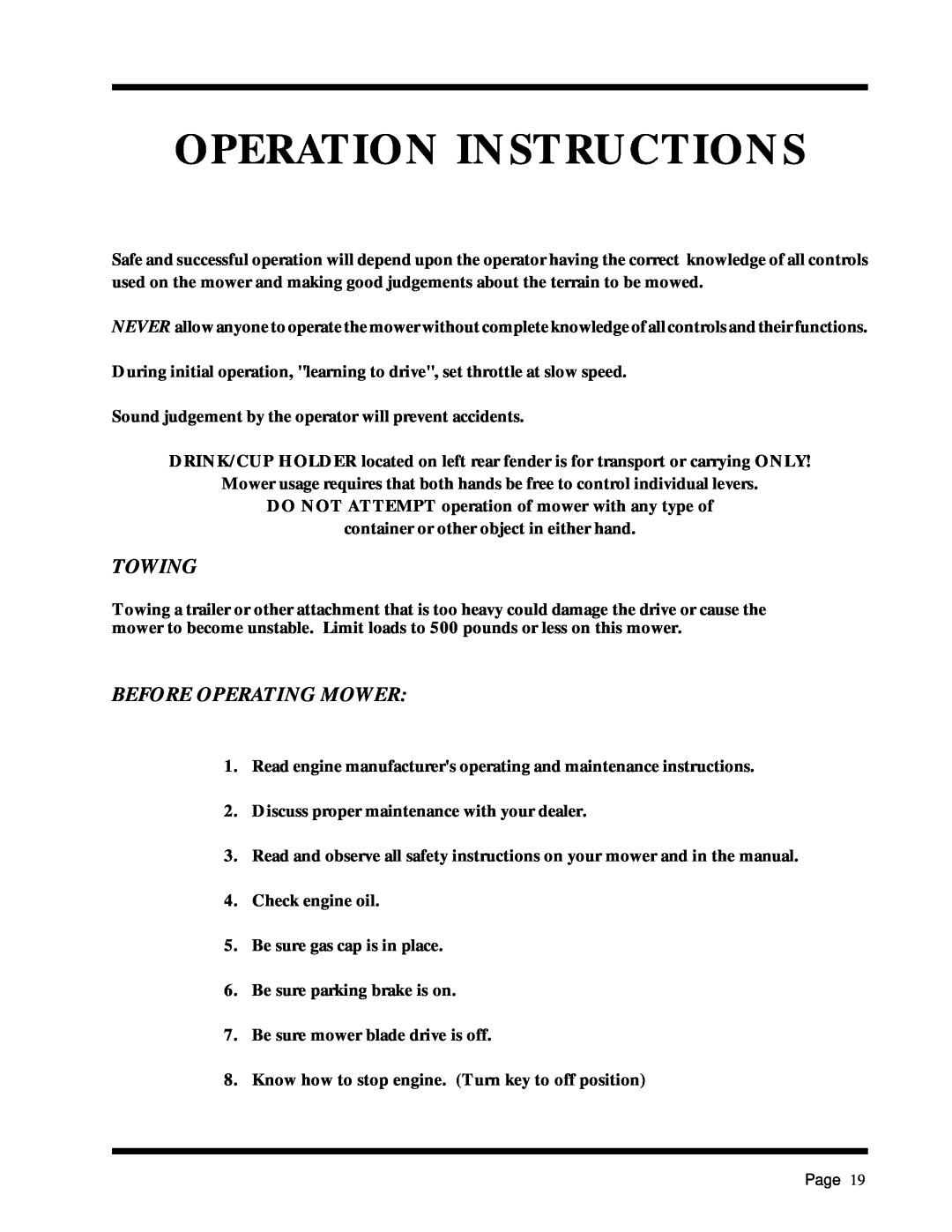 Dixon ZTR 5017Twin manual Operation Instructions, Towing, Before Operating Mower 