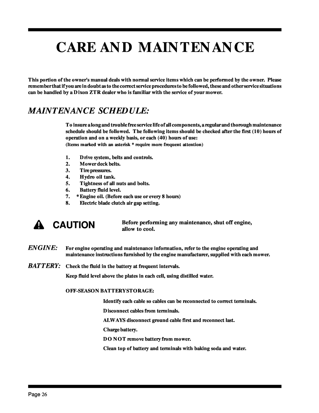 Dixon ZTR 5017Twin manual Care And Maintenance, Maintenance Schedule, Engine Battery 