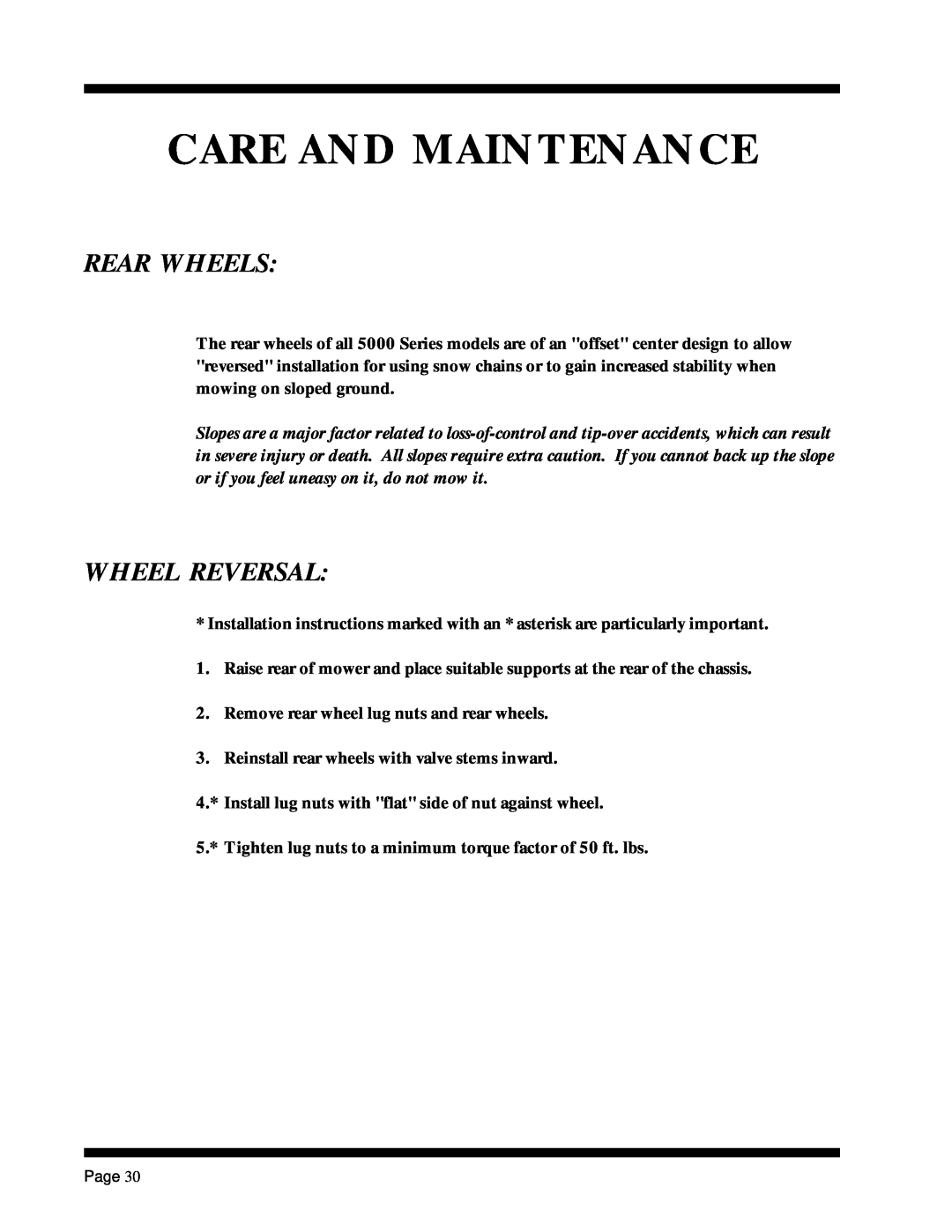 Dixon ZTR 5017Twin manual Rear Wheels, Wheel Reversal, Care And Maintenance 
