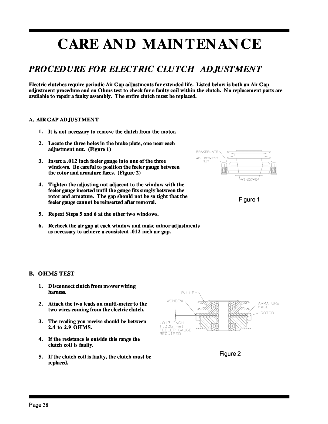 Dixon ZTR 5017Twin manual Procedure For Electric Clutch Adjustment, Care And Maintenance, B. Ohms Test 