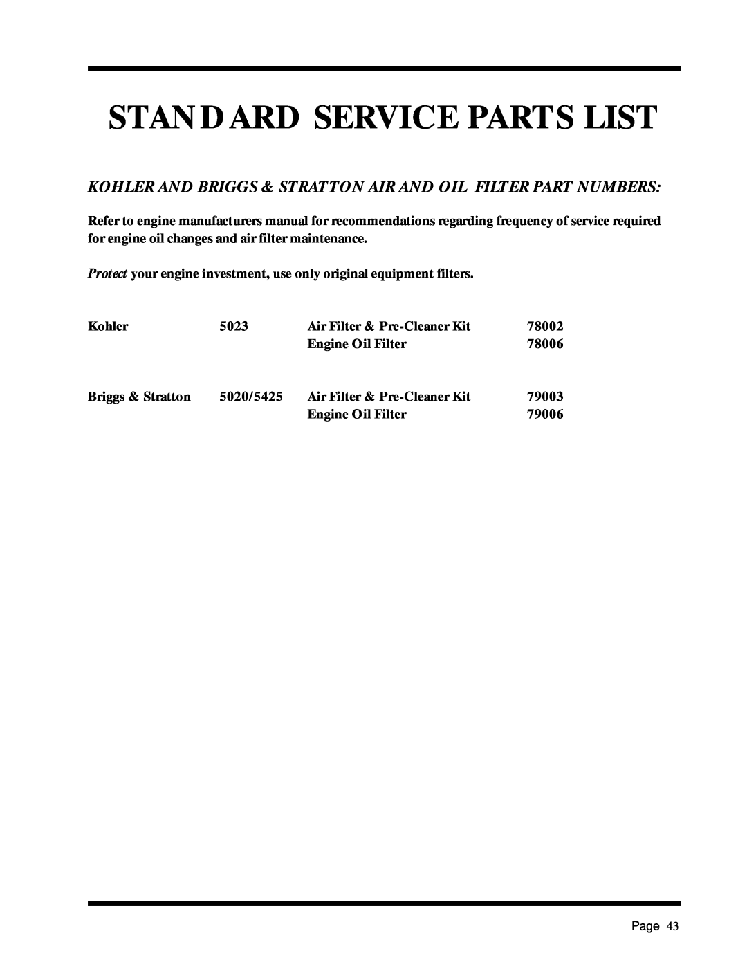 Dixon ZTR 5017Twin manual Kohler And Briggs & Stratton Air And Oil Filter Part Numbers, Standard Service Parts List 