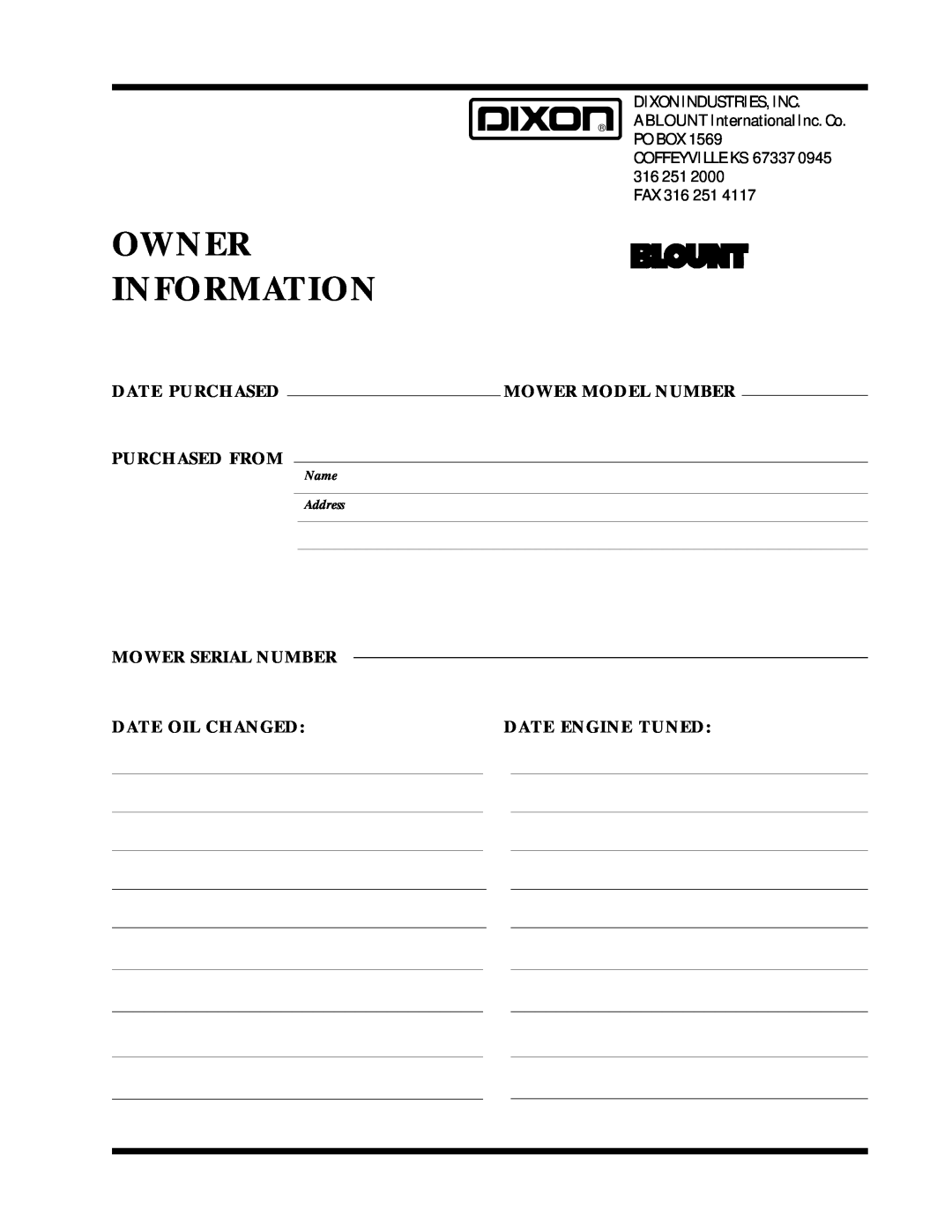 Dixon ZTR 5017Twin manual Owner Information, Dixon Industries, Inc, Fax, Page, Name Address 