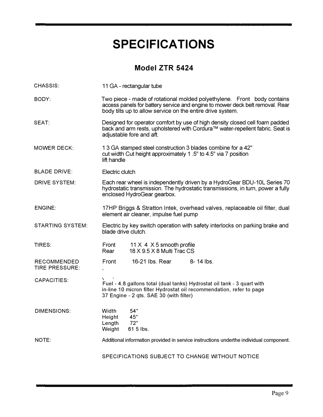 Dixon ZTR 5424, ZTR 5020 manual Specifications, Model ZTR 