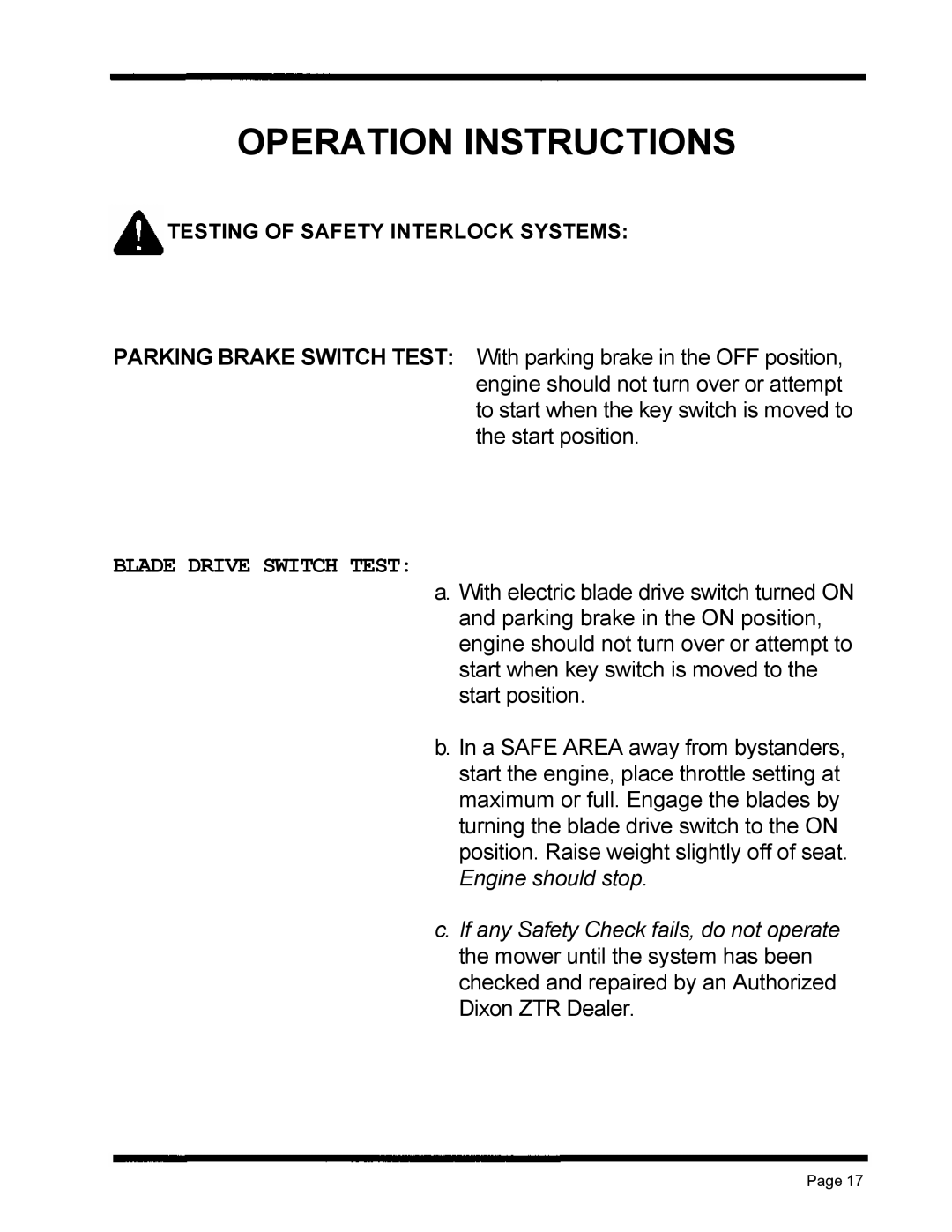 Dixon ZTR 5424, ZTR 5020 manual Blade Drive Switch Test 