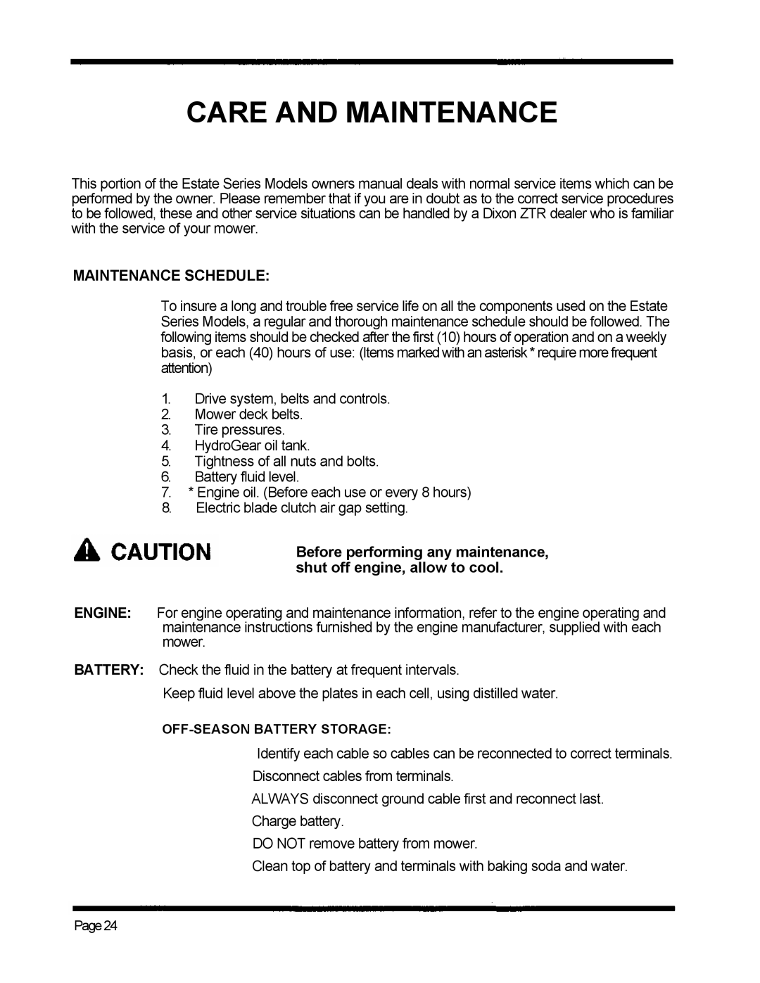 Dixon ZTR 5020, ZTR 5424 manual Care and Maintenance, Maintenance Schedule 