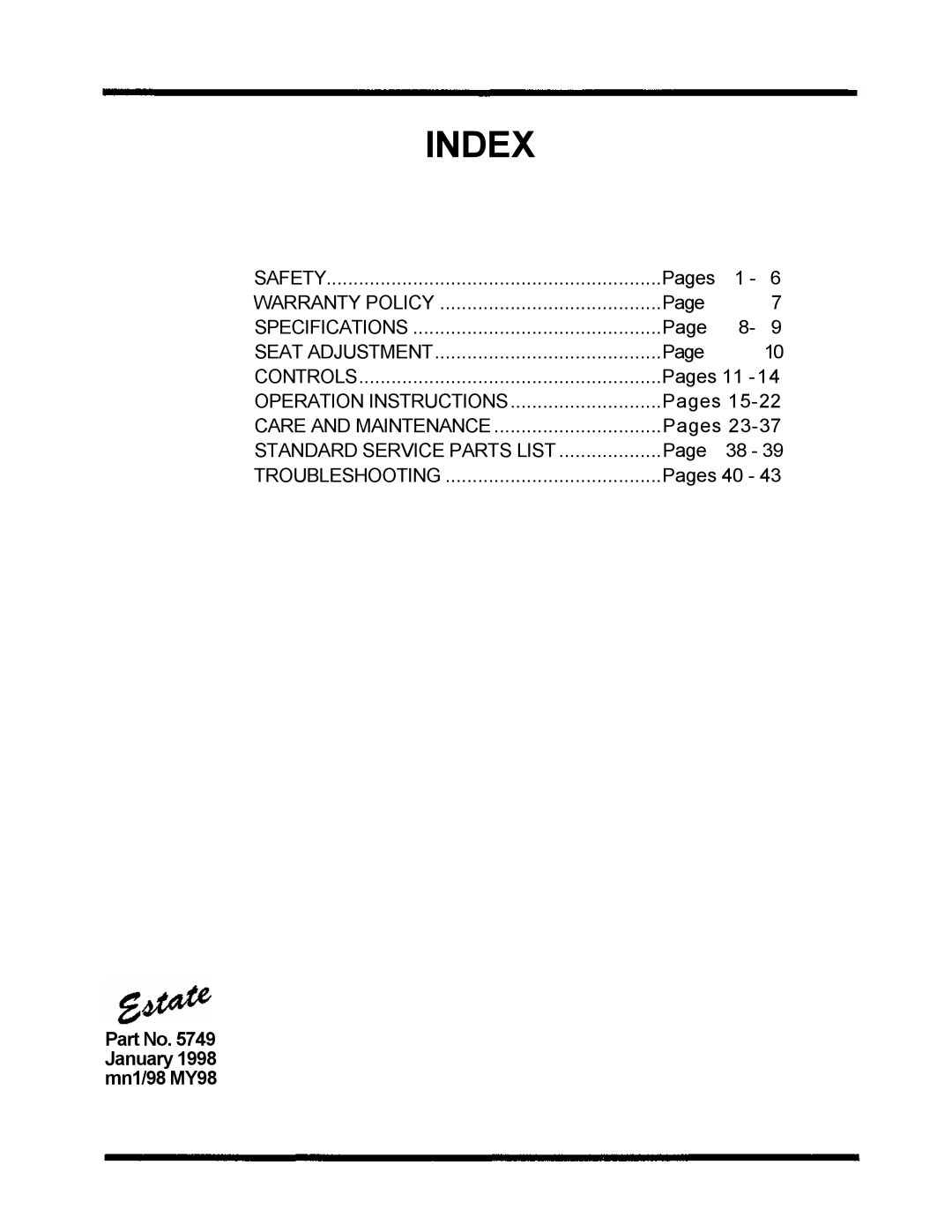 Dixon ZTR 5424, ZTR 5020 manual Index 