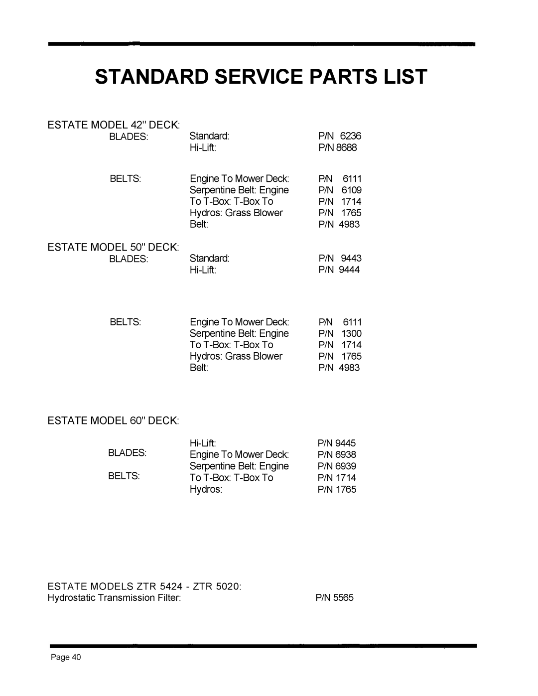 Dixon ZTR 5020, ZTR 5424 manual Standard Service Parts List, Estate Model 42 Deck 