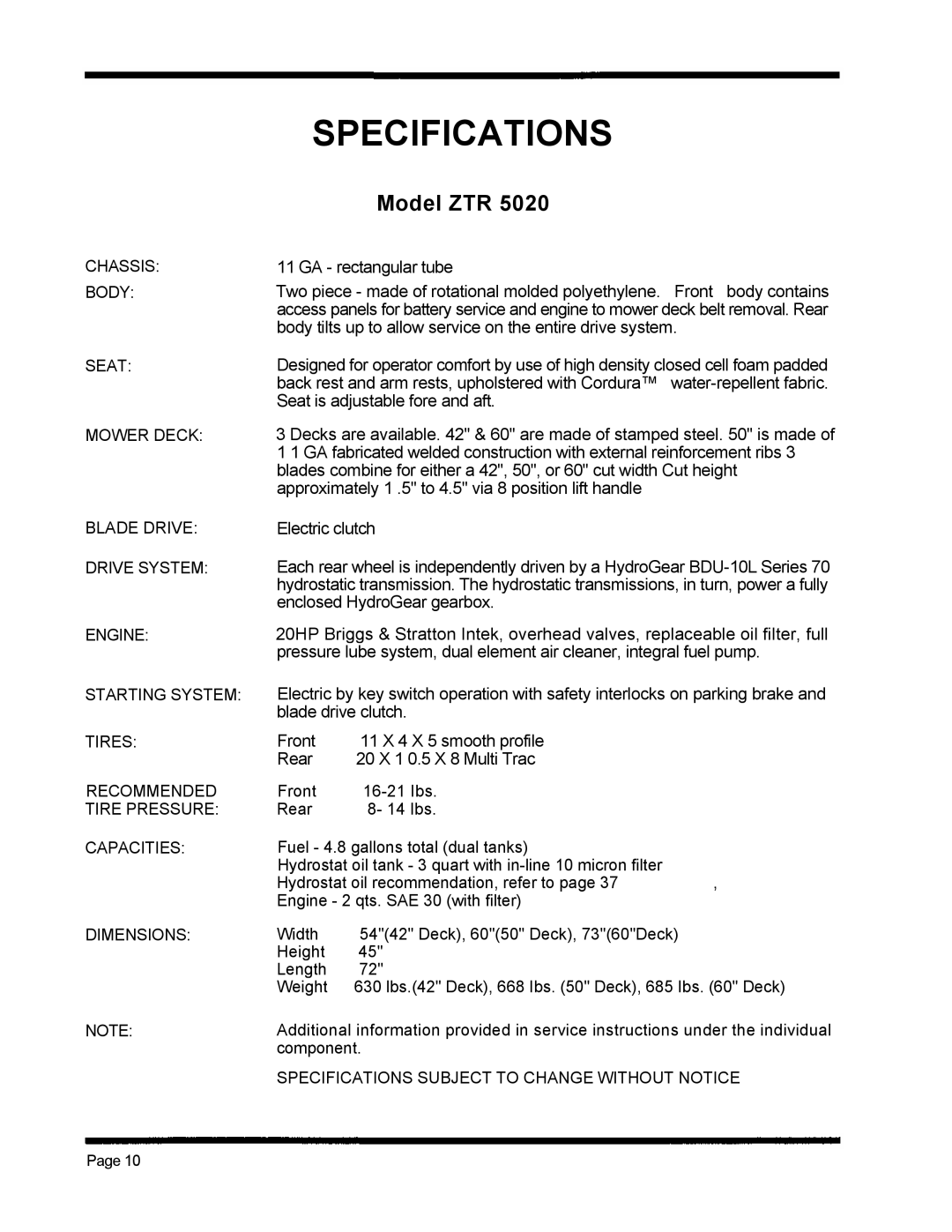 Dixon ZTR 5020, ZTR 5424 manual Specifications, Model ZTR 