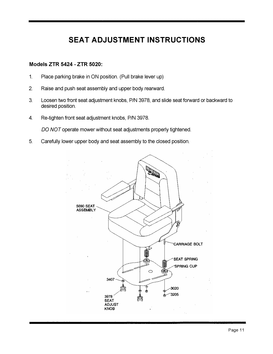 Dixon ZTR 5020 manual Seat Adjustment Instructions, Models ZTR 5424 - ZTR 
