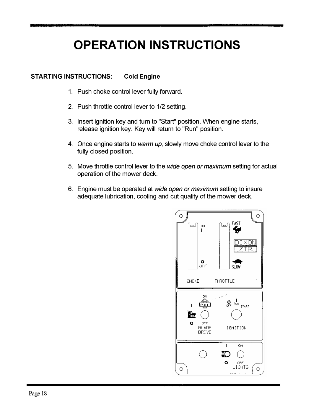 Dixon ZTR 5020, ZTR 5424 manual Operation Instructions, Push choke control lever fully forward 