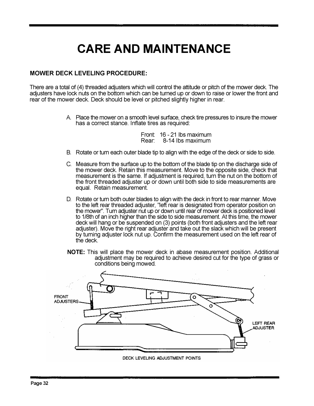 Dixon ZTR 5020, ZTR 5424 manual Care And Maintenance, Mower Deck Leveling Procedure 