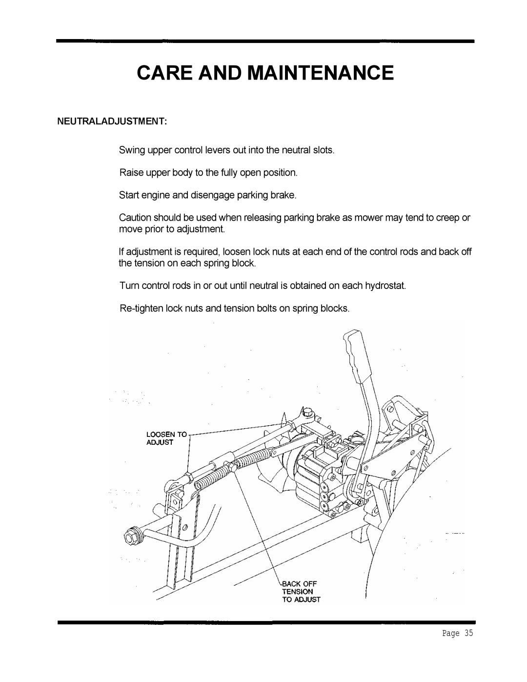 Dixon ZTR 5424, ZTR 5020 manual Care And Maintenance, Page, Neutraladjustment 