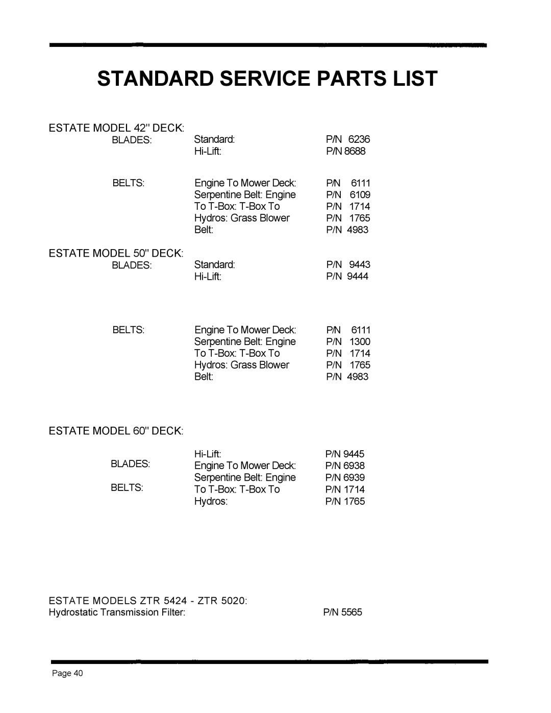 Dixon ZTR 5020, ZTR 5424 Standard Service Parts List, ESTATE MODEL 42 DECK, ESTATE MODEL 50 DECK, ESTATE MODEL 60 DECK 