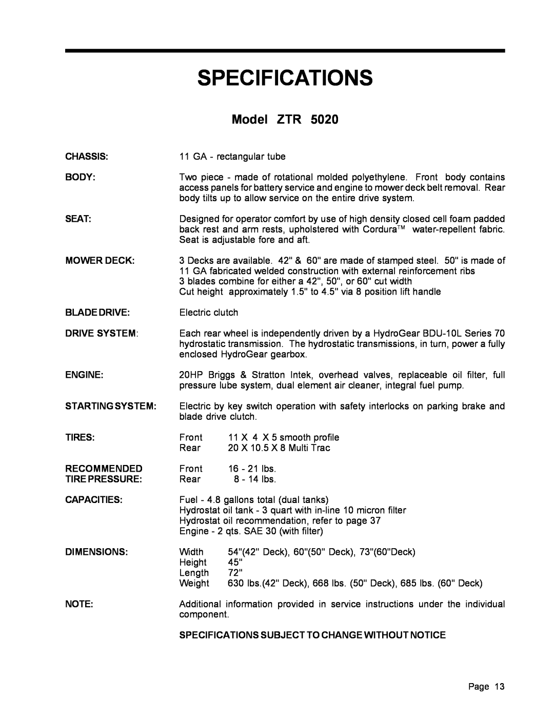 Dixon ZTR 5017, ZTR 5022 manual 5020, Specifications, Model ZTR 