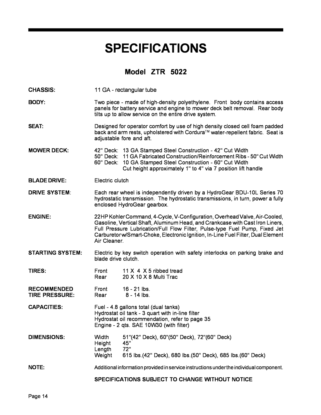 Dixon ZTR 5022, ZTR 5017 manual Specifications, Model ZTR, Chassis, GA - rectangular tube 