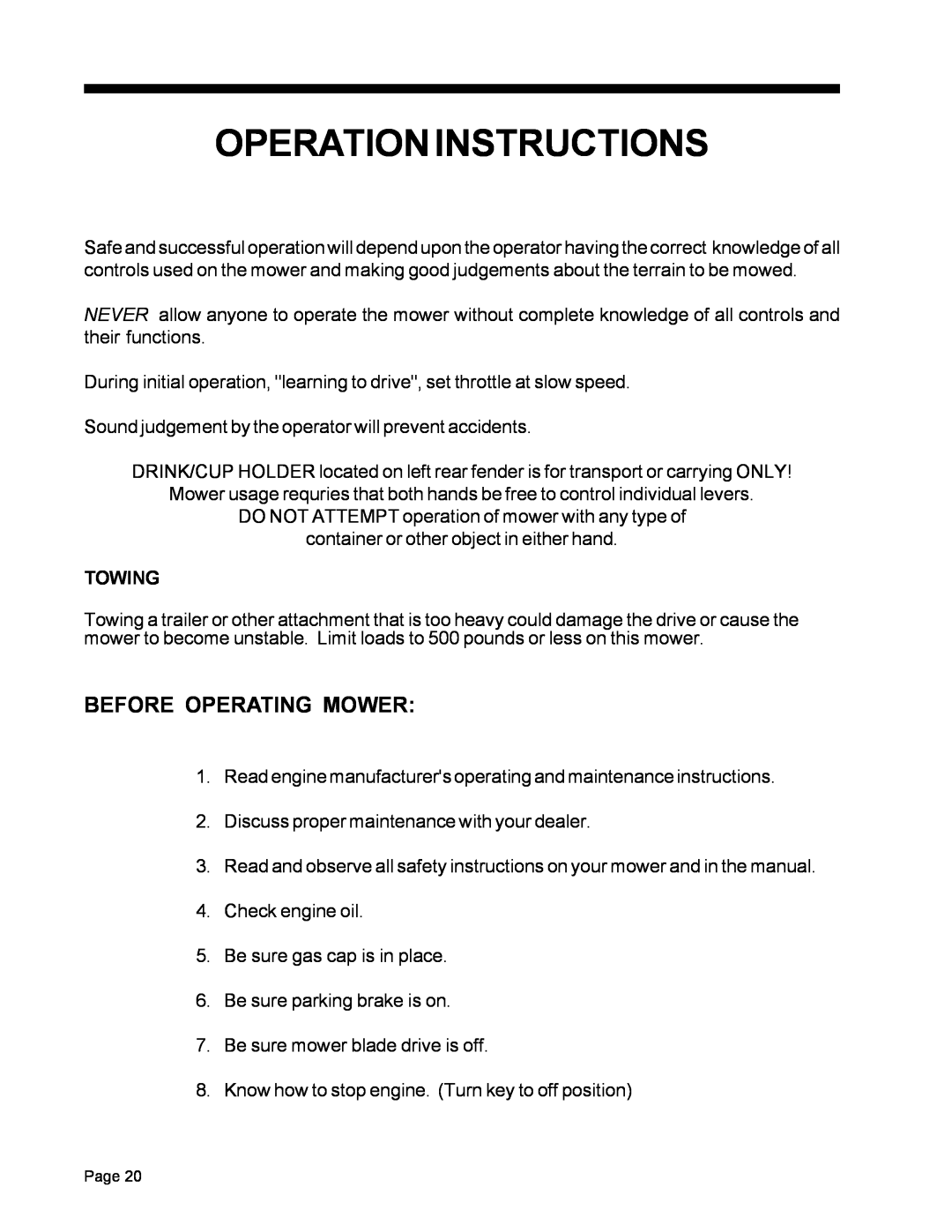 Dixon ZTR 5022, ZTR 5017 manual Operation Instructions, Before Operating Mower, Towing 