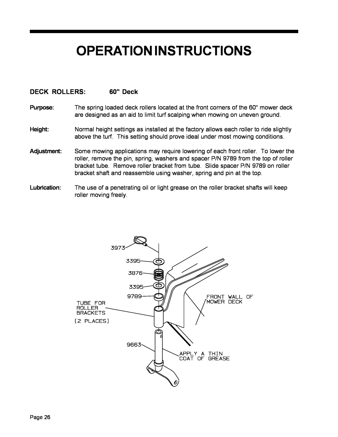 Dixon ZTR 5022, ZTR 5017 manual Operation Instructions, Deck Rollers 
