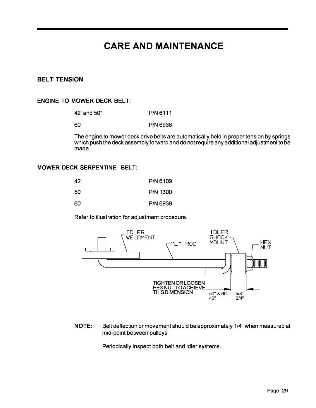 Dixon ZTR 5017, ZTR 5022 manual Care And Maintenance, Belt Tension, Engine To Mower Deck Belt 