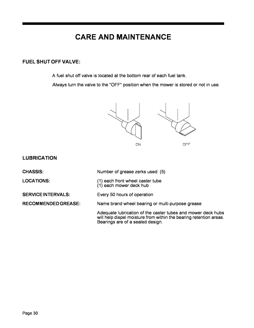 Dixon ZTR 5022, ZTR 5017 Care And Maintenance, Fuel Shut Off Valve, Lubrication, Chassis, Locations, Service Intervals 