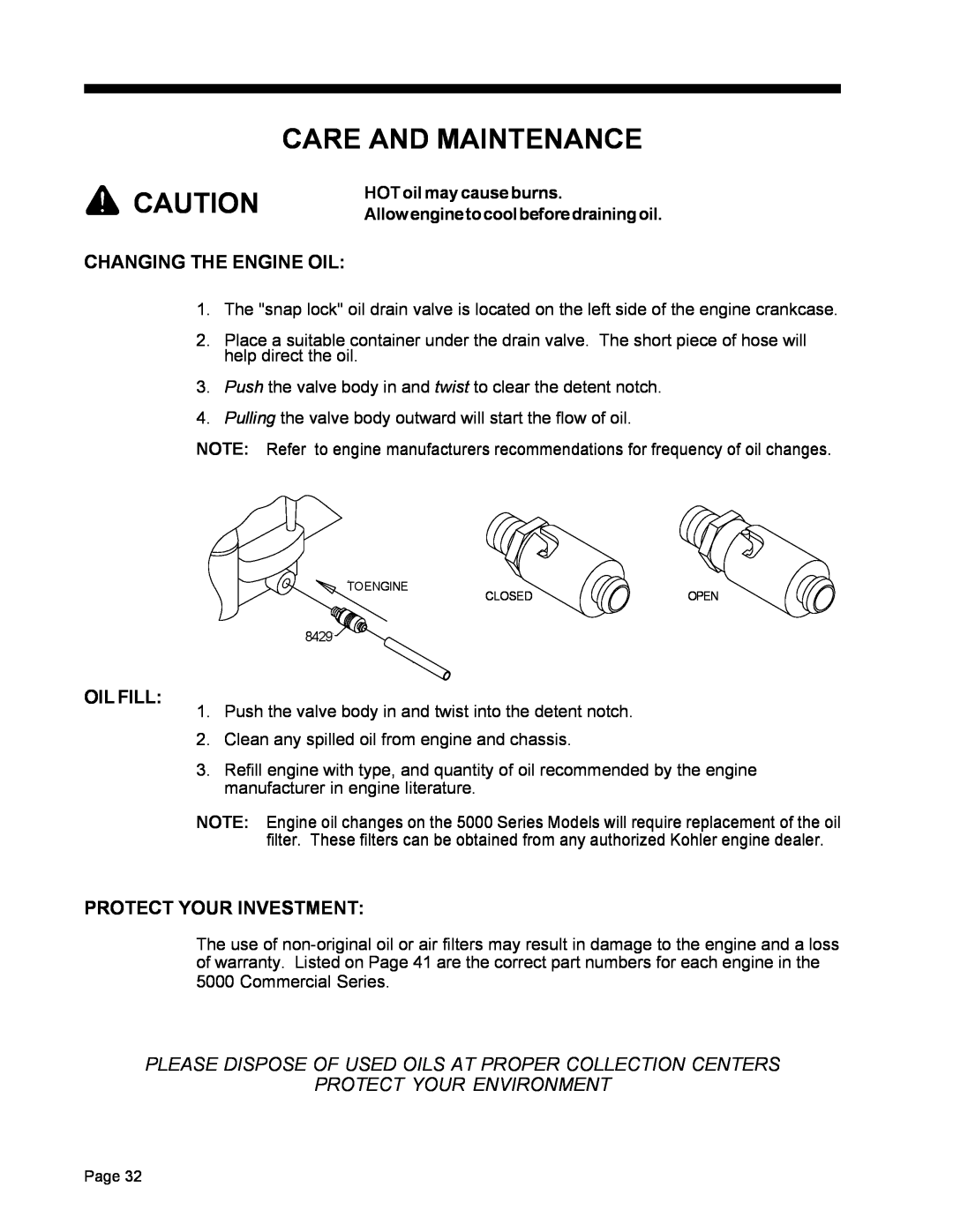 Dixon ZTR 5022 Care And Maintenance, Changing The Engine Oil, Protect Your Investment, Protect Your Environment, Oil Fill 