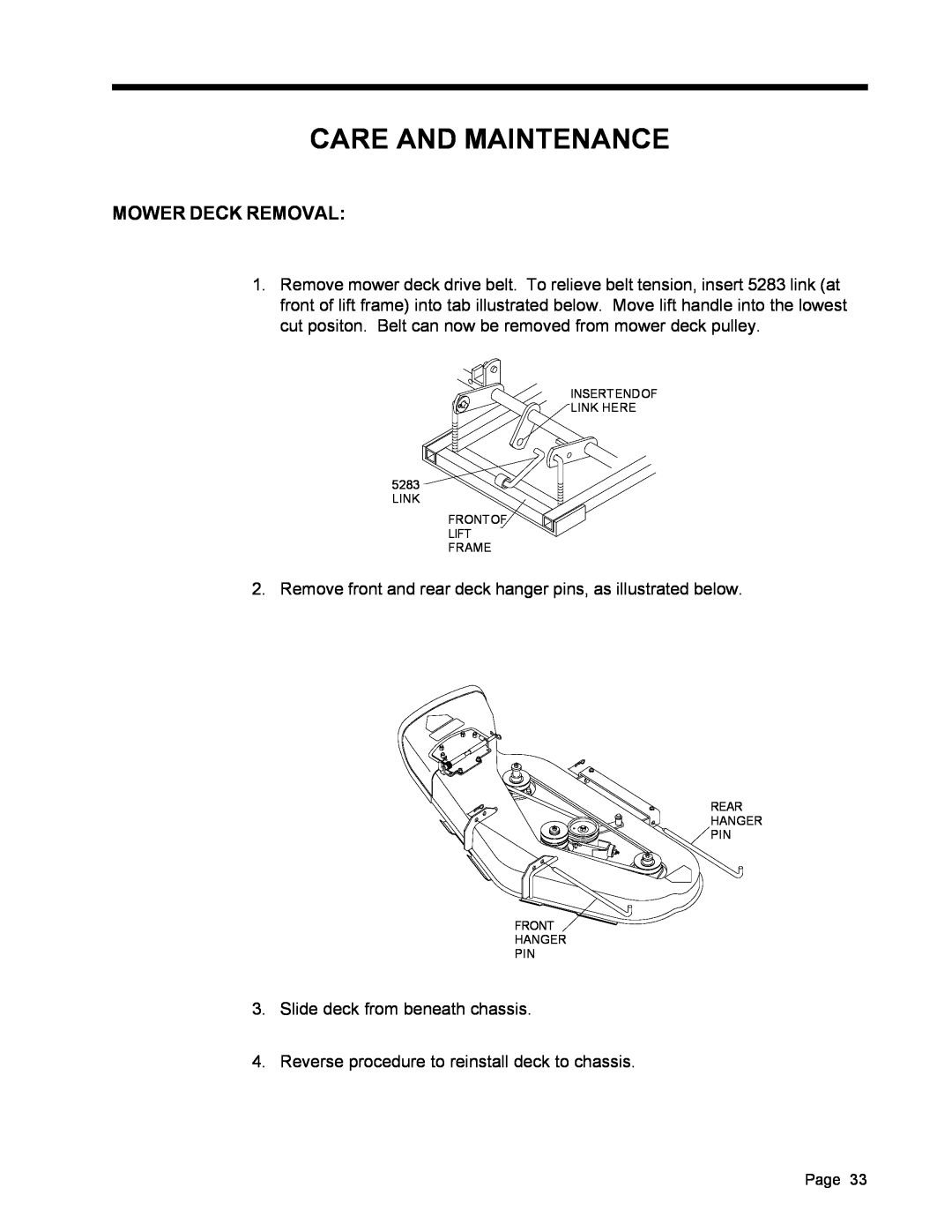 Dixon ZTR 5017, ZTR 5022 manual Care And Maintenance, Mower Deck Removal 