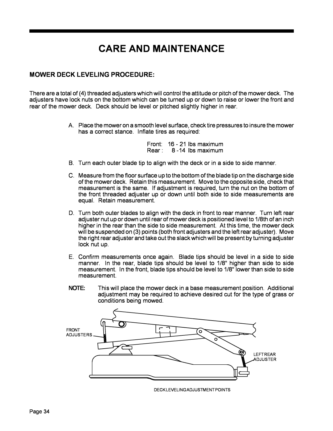 Dixon ZTR 5022, ZTR 5017 manual Care And Maintenance, Mower Deck Leveling Procedure 