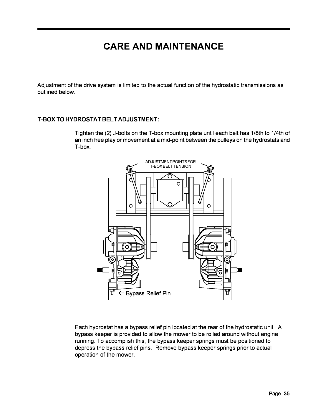 Dixon ZTR 5017, ZTR 5022 manual Care And Maintenance, T-Box To Hydrostat Belt Adjustment 