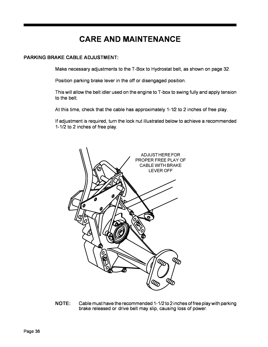 Dixon ZTR 5022, ZTR 5017 manual Care And Maintenance, Parking Brake Cable Adjustment 