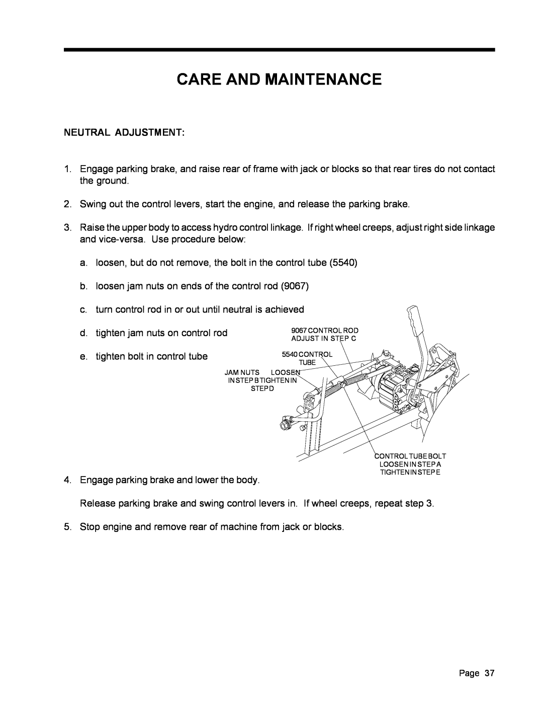 Dixon ZTR 5017, ZTR 5022 manual Care And Maintenance, Neutral Adjustment 