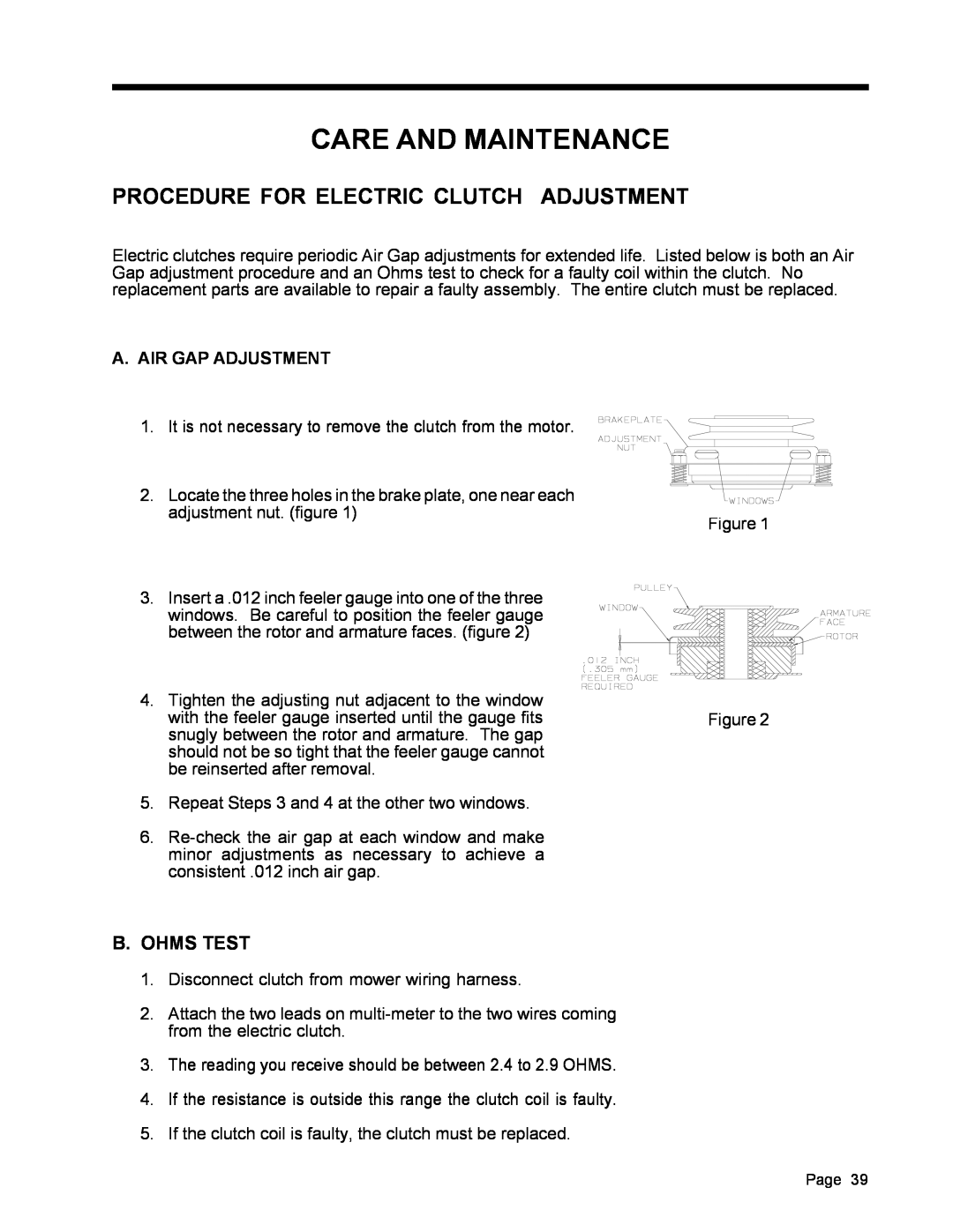 Dixon ZTR 5017 manual Procedure For Electric Clutch Adjustment, Care And Maintenance, B. Ohms Test, A. Air Gap Adjustment 