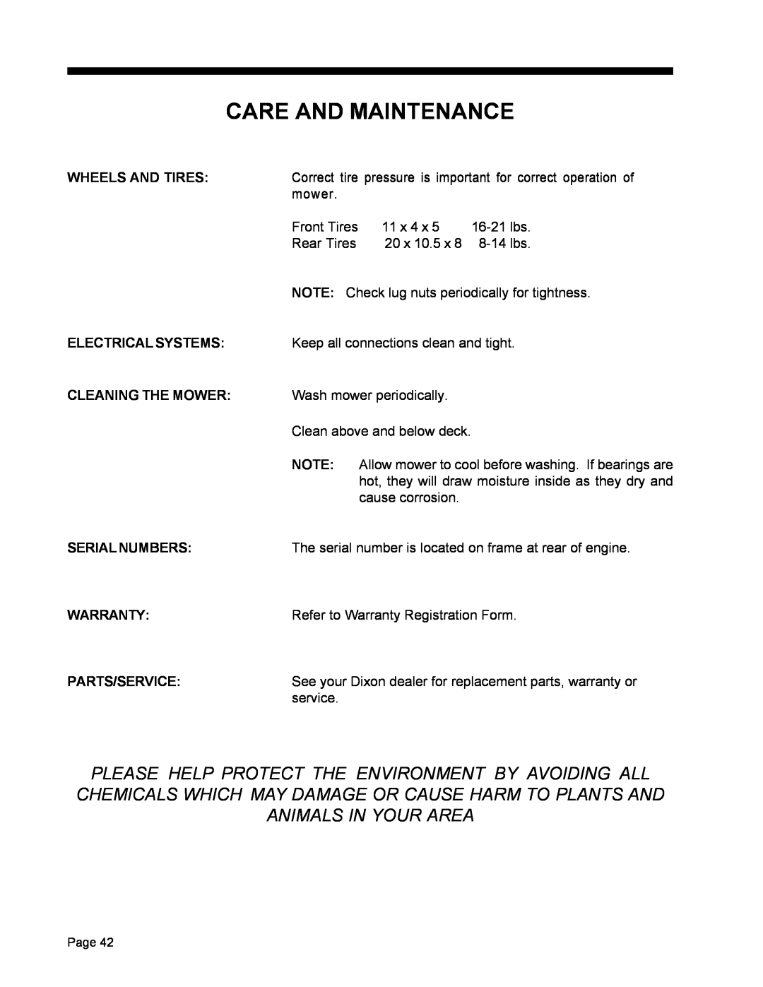 Dixon ZTR 5022 Care And Maintenance, Wheels And Tires, Electrical Systems, Cleaning The Mower, Serial Numbers, Warranty 