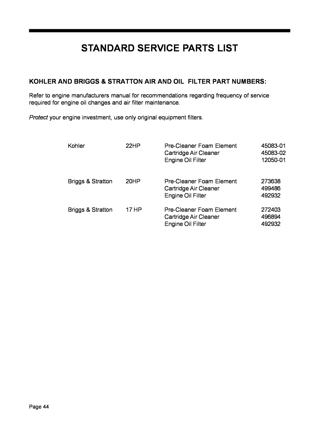 Dixon ZTR 5022, ZTR 5017 manual Standard Service Parts List, Kohler And Briggs & Stratton Air And Oil Filter Part Numbers 