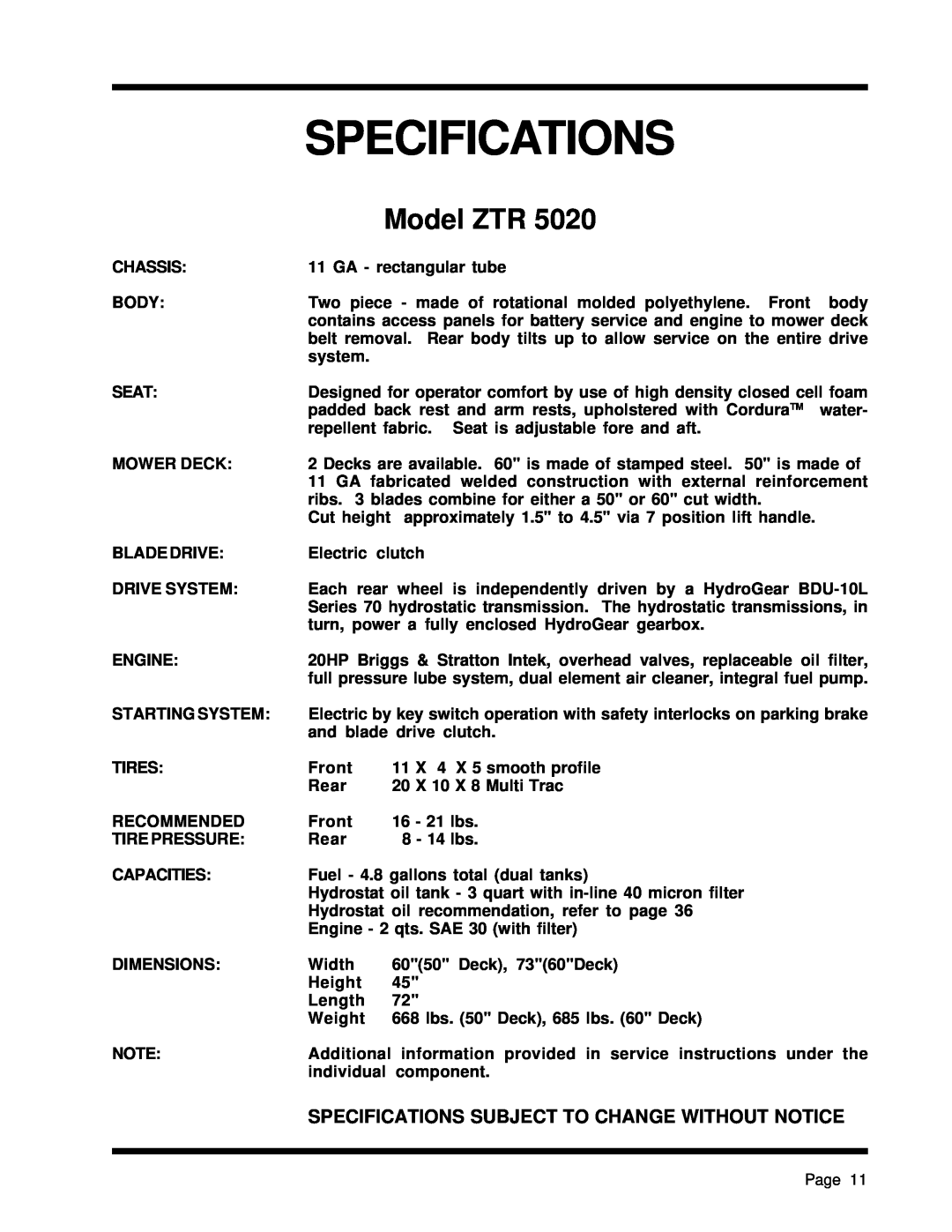 Dixon ZTR 5425, ZTR 5023 manual Specifications, Model ZTR 