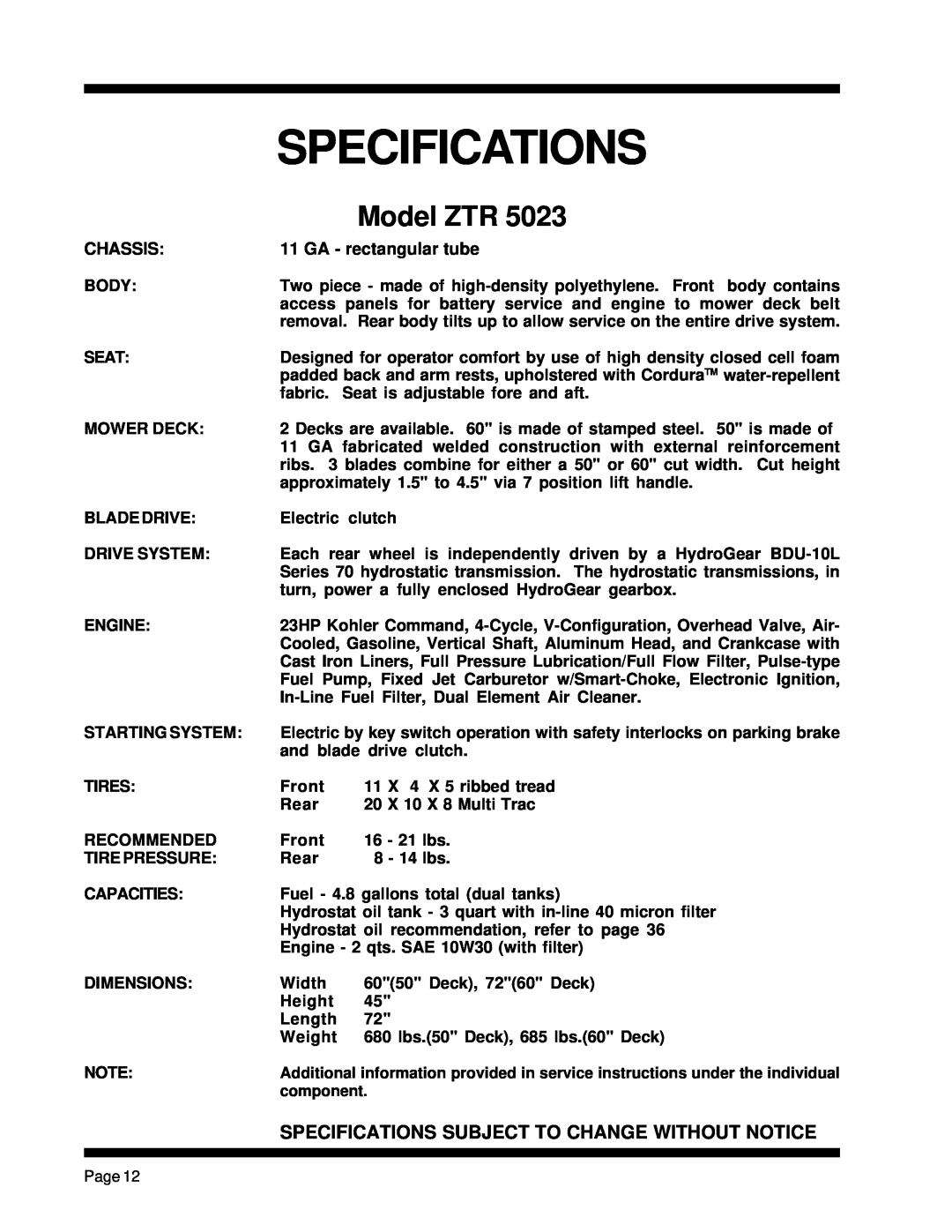 Dixon ZTR 5023, ZTR 5425 manual Specifications, Model ZTR, Chassis, GA - rectangular tube 