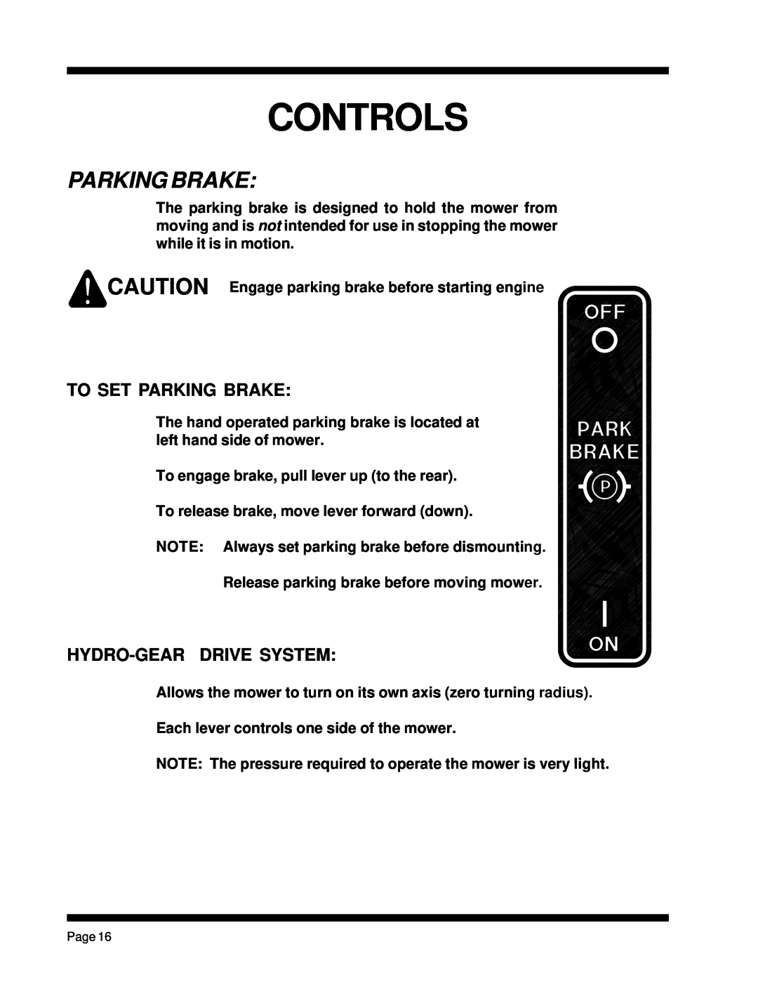 Dixon ZTR 5023, ZTR 5425 manual Controls, Parking Brake 