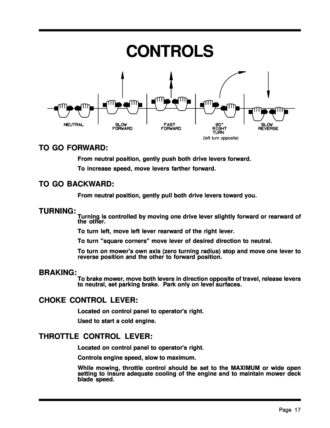 Dixon ZTR 5425, ZTR 5023 Controls, To Go Forward, To Go Backward, Braking, Choke Control Lever, Throttle Control Lever 