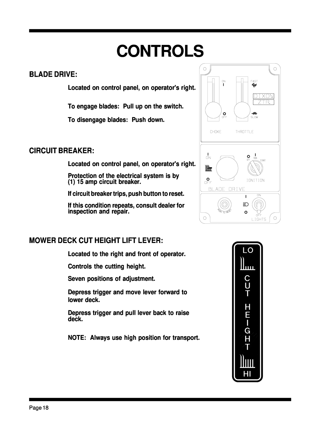 Dixon ZTR 5023, ZTR 5425 manual Controls, Blade Drive, Circuit Breaker, Mower Deck Cut Height Lift Lever 