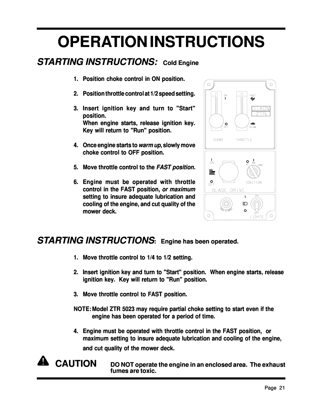 Dixon ZTR 5425, ZTR 5023 manual STARTING INSTRUCTIONS Cold Engine, Operation Instructions 