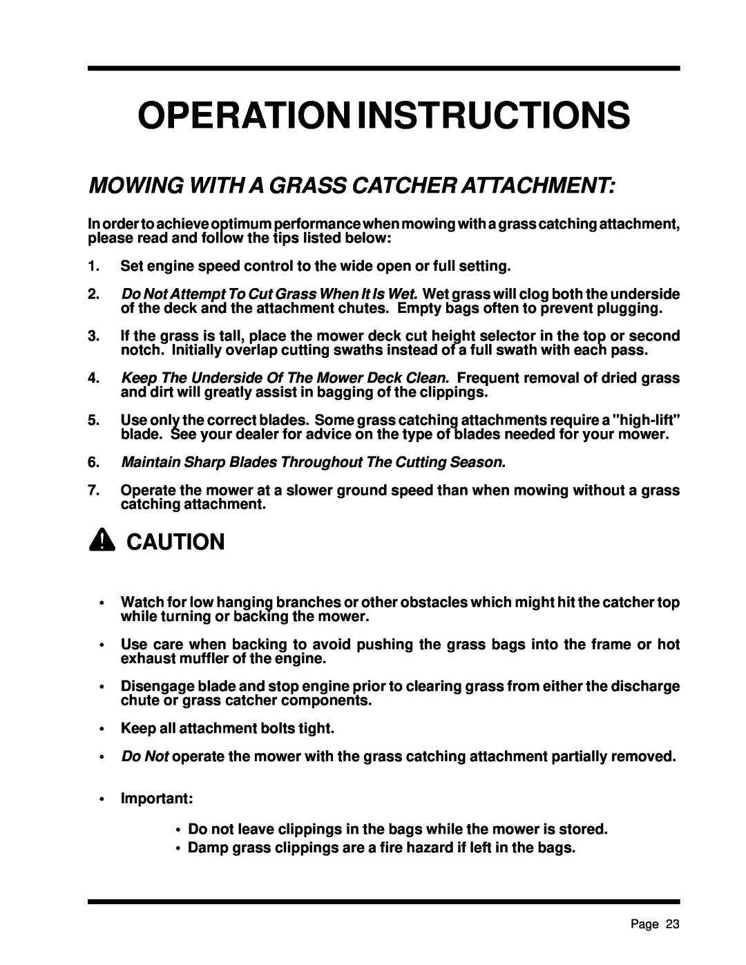 Dixon ZTR 5425, ZTR 5023 manual Mowing With A Grass Catcher Attachment, Operation Instructions 