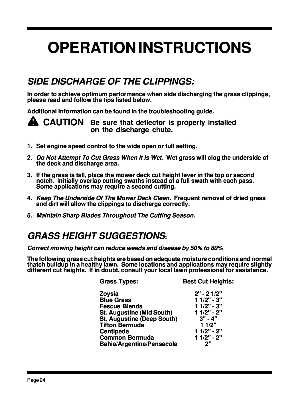 Dixon ZTR 5023, ZTR 5425 manual Side Discharge Of The Clippings, Grass Height Suggestions, Operation Instructions 