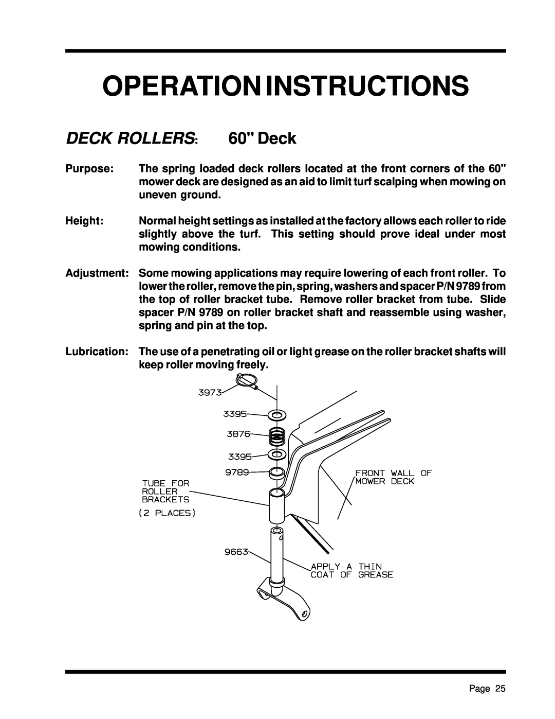 Dixon ZTR 5425, ZTR 5023 manual Deck Rollers, Operation Instructions 