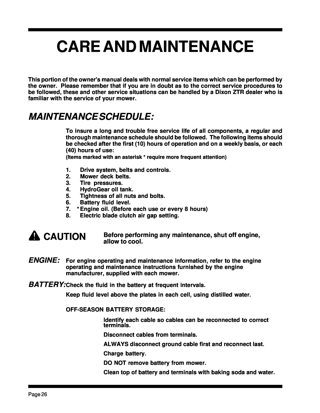 Dixon ZTR 5023, ZTR 5425 manual Care And Maintenance, Maintenance Schedule 