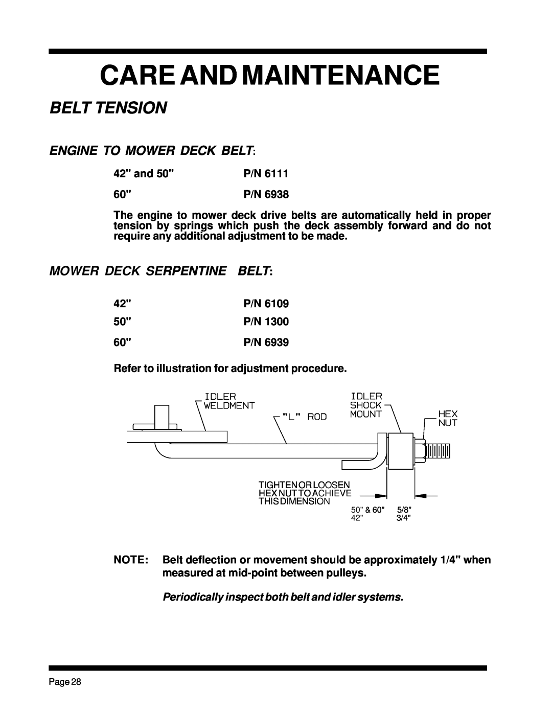 Dixon ZTR 5023, ZTR 5425 manual Belt Tension, Care And Maintenance, Engine To Mower Deck Belt, Mower Deck Serpentine 