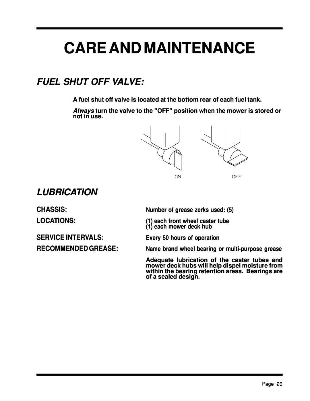 Dixon ZTR 5425, ZTR 5023 manual Fuel Shut Off Valve, Lubrication, Care And Maintenance, Chassis Locations 