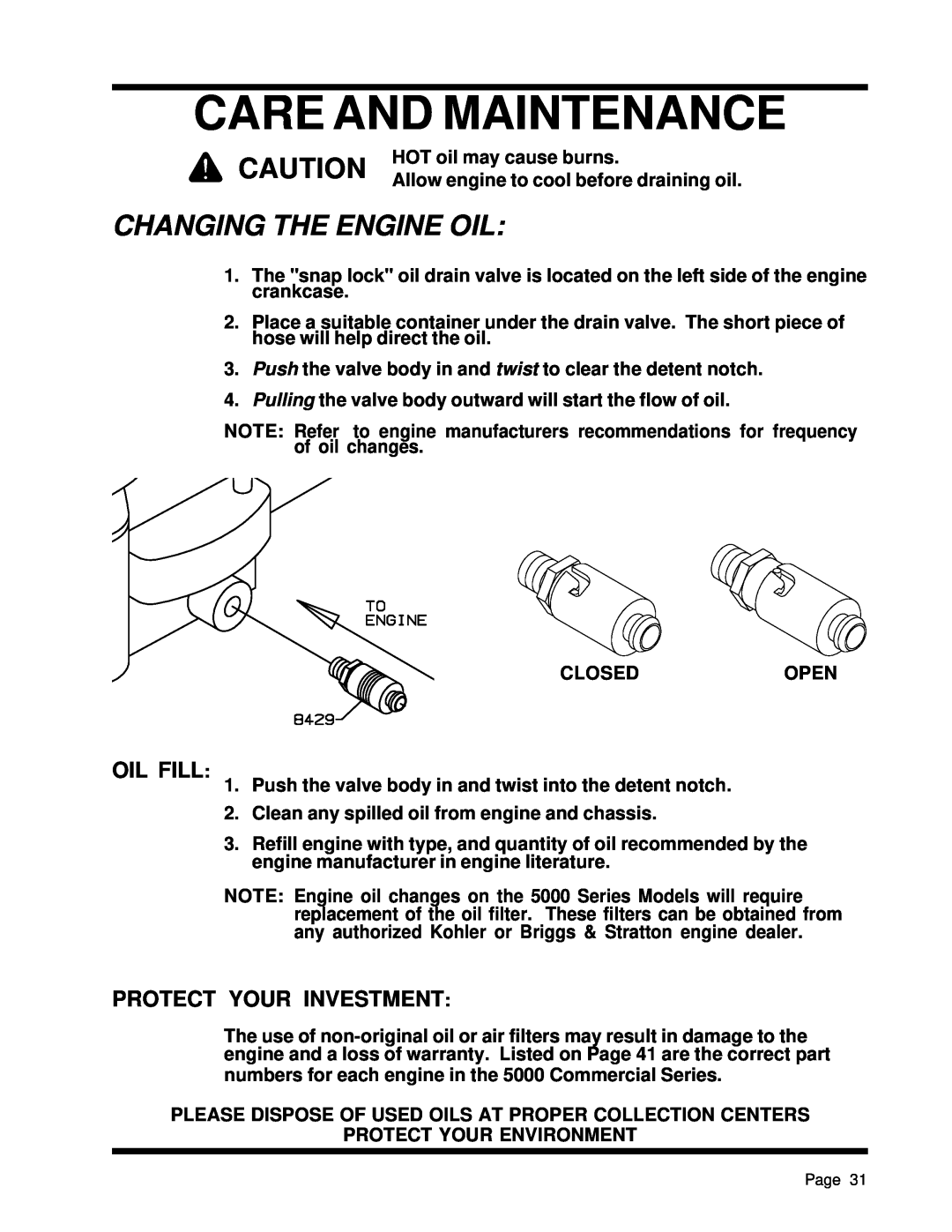 Dixon ZTR 5425, ZTR 5023 manual Changing The Engine Oil, Care And Maintenance, Oil Fill, Protect Your Investment 