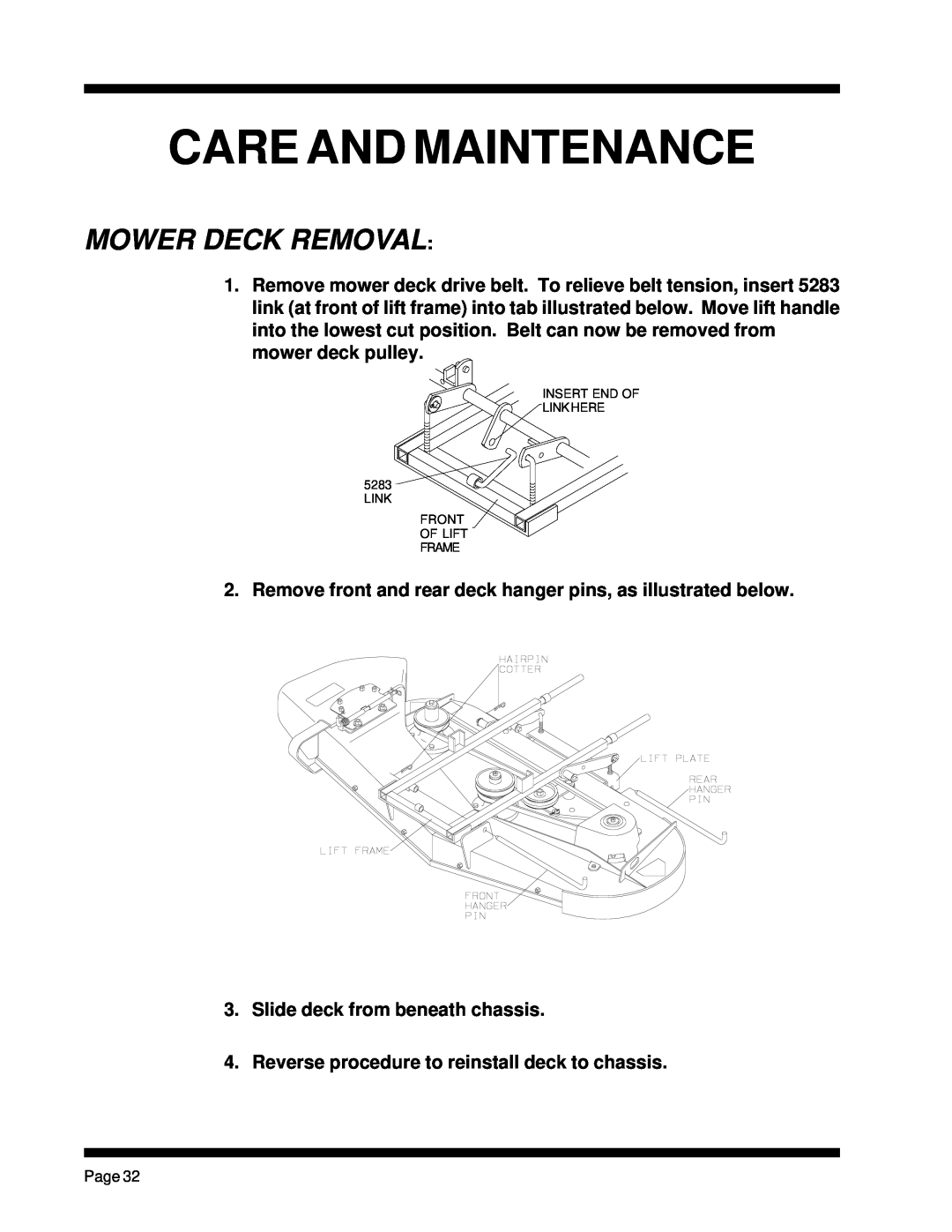 Dixon ZTR 5023, ZTR 5425 manual Mower Deck Removal, Care And Maintenance 